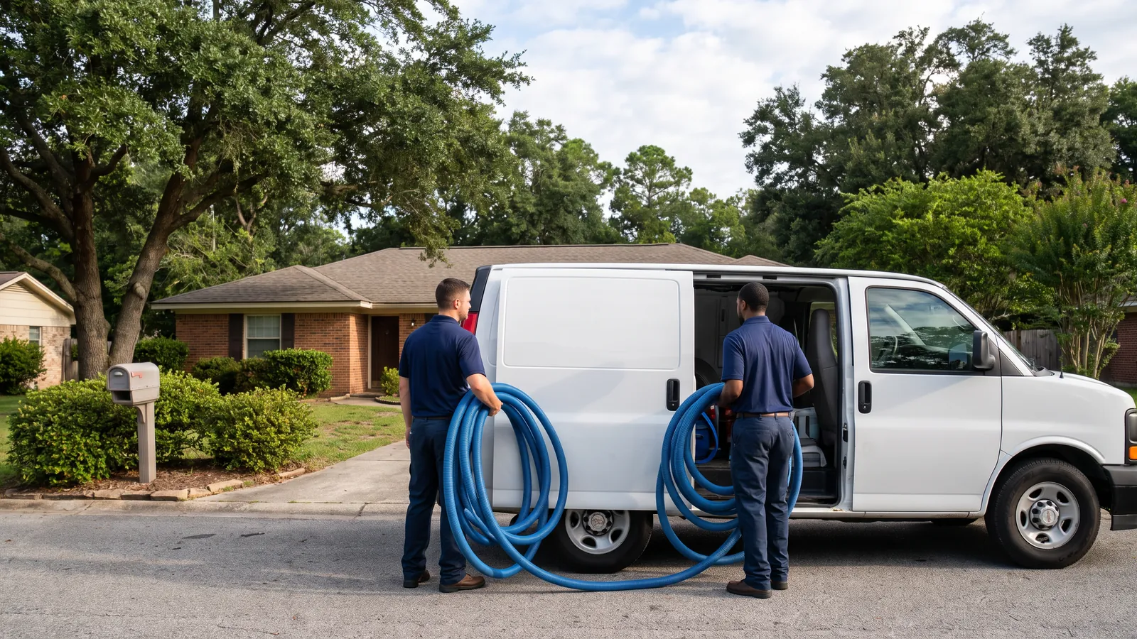 Two carpet cleaning technicians unloading hoses from a white service van parked in the driveway of a brick ranch home in Clarksville, Tennessee