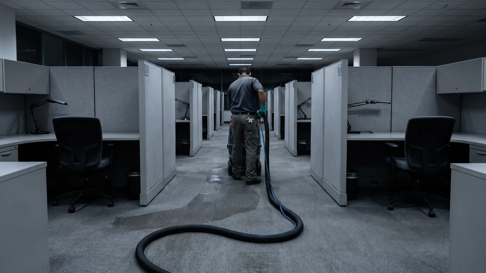 Technician cleaning gray carpet tiles between rows of cubicles in an empty office after hours, desk lamps off and the extraction hose running down the aisle