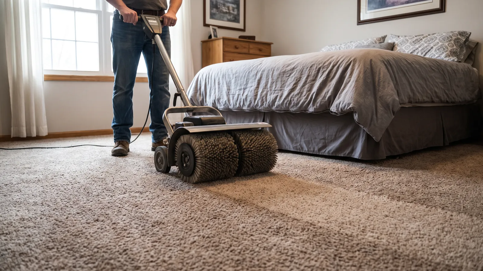 Cylindrical brush encapsulation machine working across a bedroom carpet in a Tennessee home, the carpet behind it already clean and nearly dry