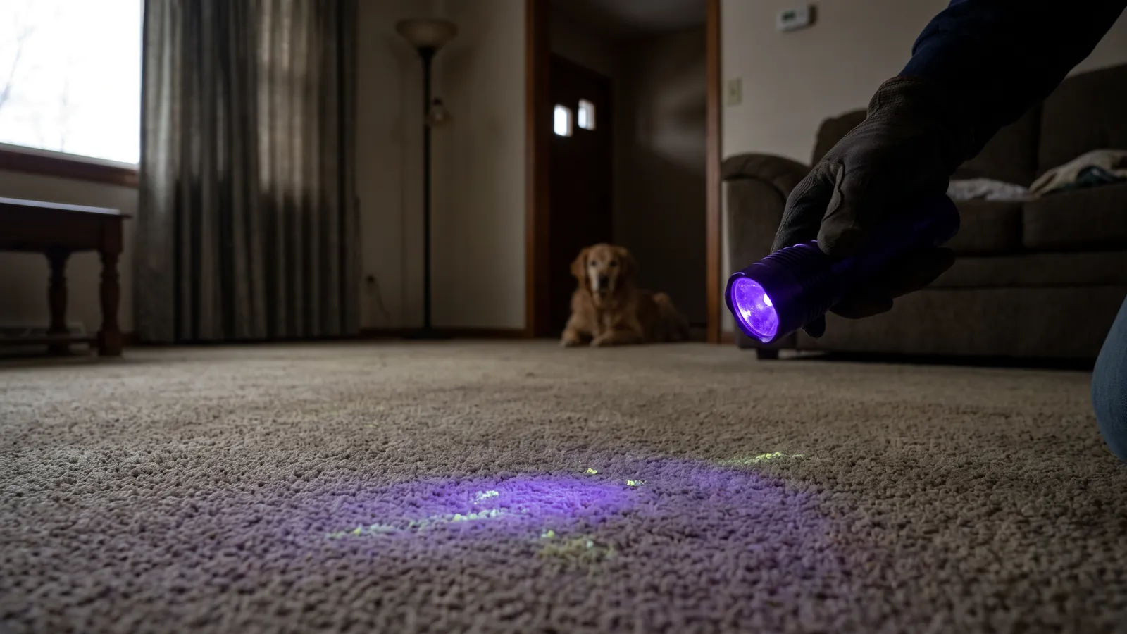 Technician kneeling with a handheld ultraviolet light over a carpet in a dim room, pale glowing spots visible on the fibres, a golden retriever watching from the doorway