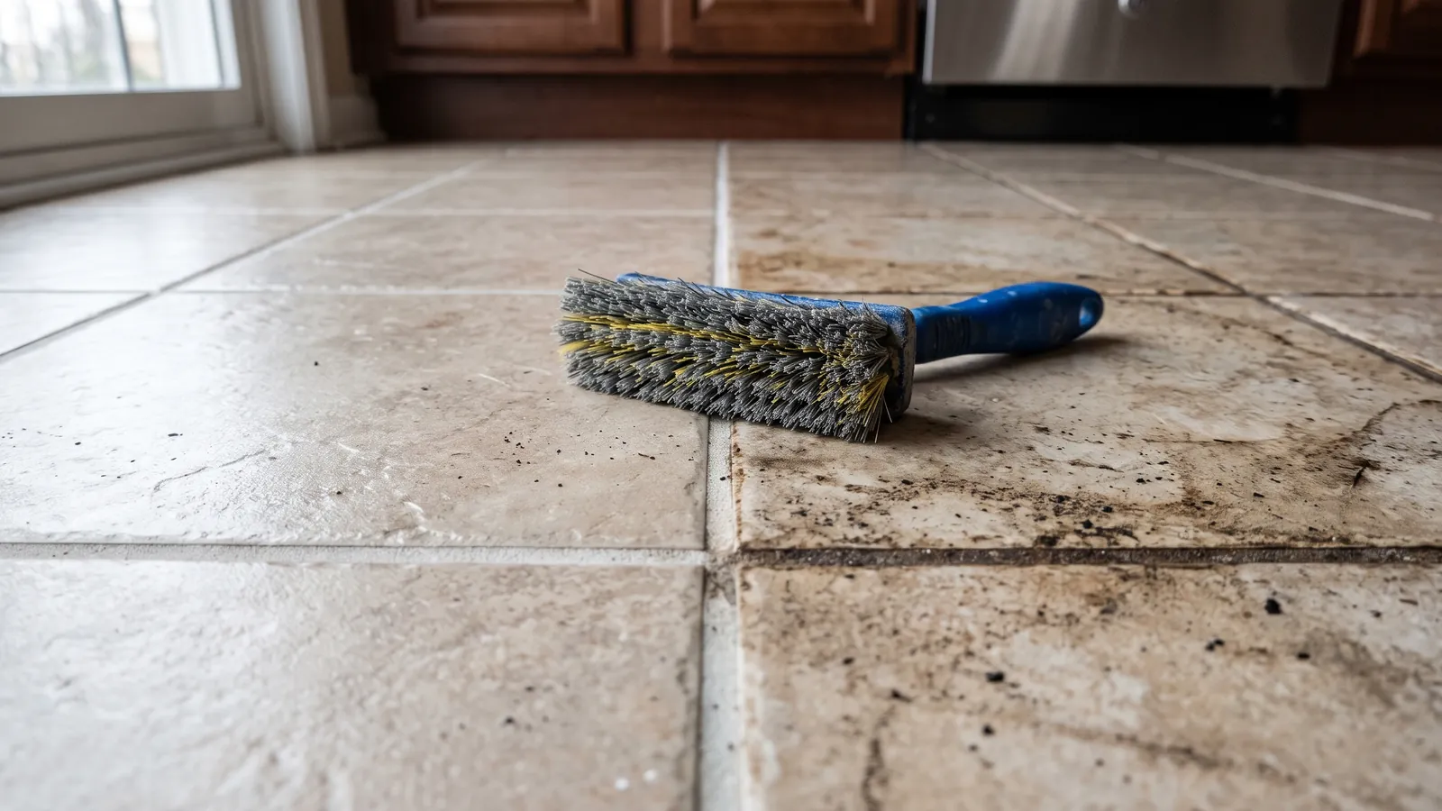 Porcelain tile kitchen floor in a Tennessee home, half of the grout lines scrubbed back to a light gray and half still dark with soil, a grout brush and spinner tool at the edge