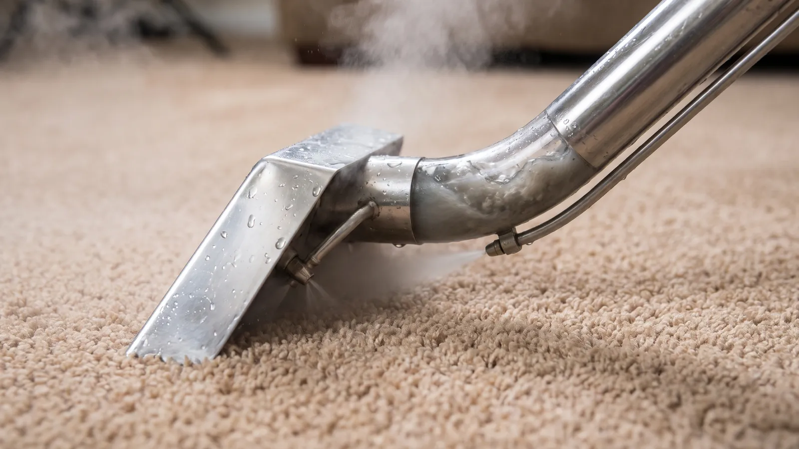 Close-up of a stainless steel carpet cleaning wand on cut-pile carpet with hot water spraying and dirty water being drawn back into the vacuum hose